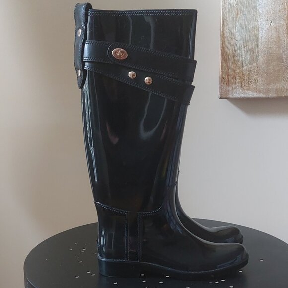 Coach Talia Black Tall Rubber Rain Boots - Picture 1 of 10